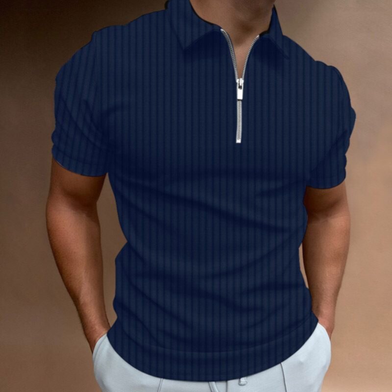 Men's zip lapel vertical stripe T-shirt